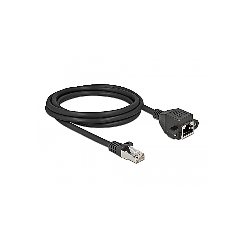 Cavo di rete nero con due estremità: una spina RJ45 e una presa RJ45. Il cavo è arrotolato al centro.