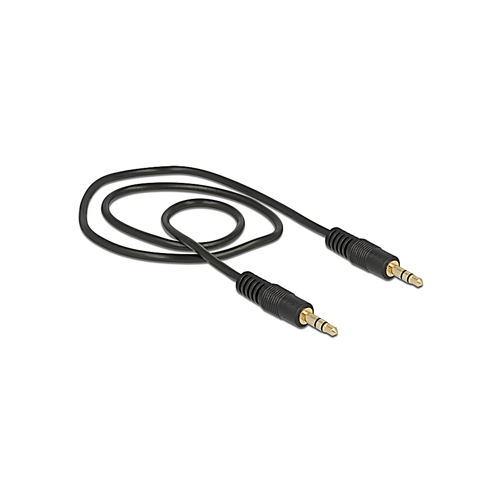 Cavo audio nero con due jack da 3,5 mm. Il cavo è arrotolato contro uno sfondo bianco.