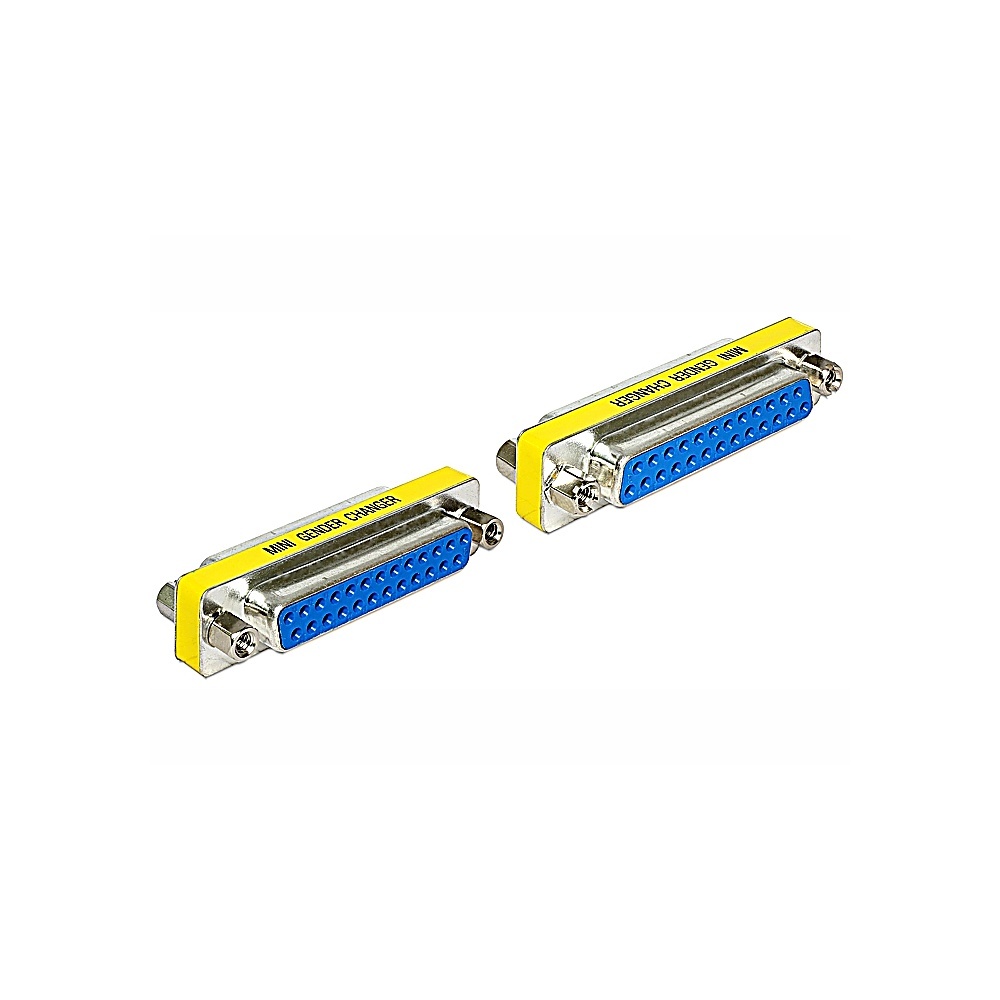 Due connettori Mini Gender Changer. Hanno accenti gialli con fori blu. Sono argentati con pin blu su sfondo bianco.