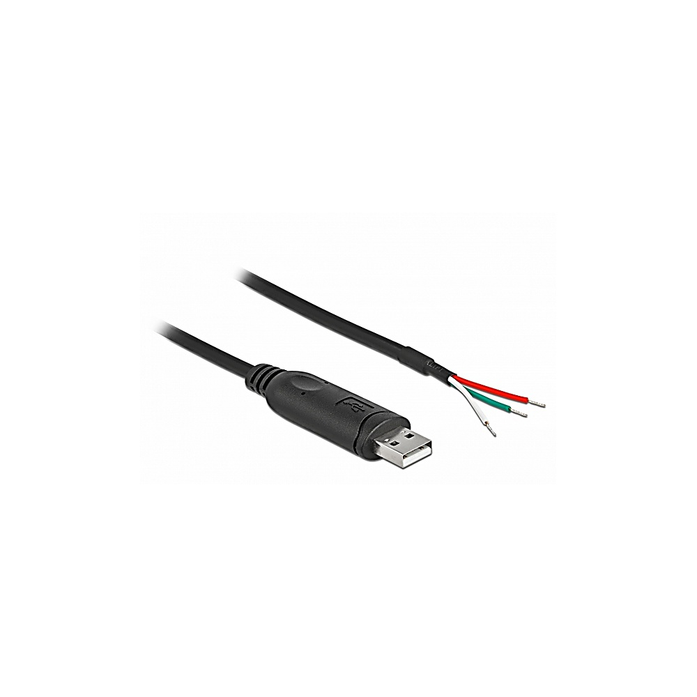 Un cavo USB nero. L'estremità USB è collegata a un connettore nero. I fili esposti mostrano rosso, verde e bianco. Sfondo bianco.