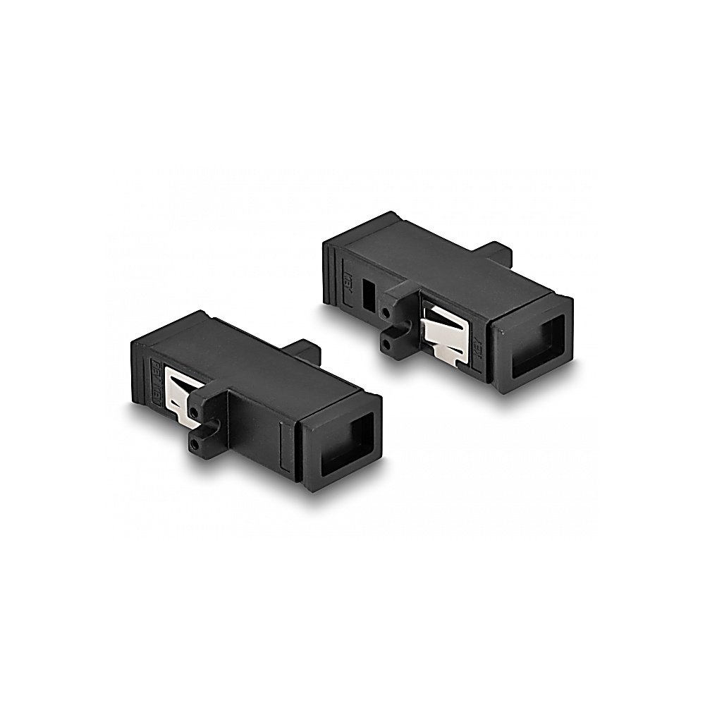 Dwa czarne prostokątne złącza ze srebrnymi klipsami. Są na białym tle, lekko pochylone.