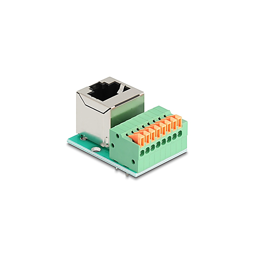 Un circuito stampato verde con un connettore RJ45 e una morsettiera con morsetti arancioni. Lo sfondo è bianco.