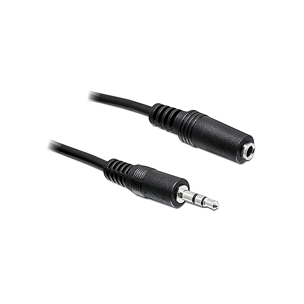 Deux connecteurs jack audio noirs sur fond blanc. L'un est femelle, l'autre mâle. Les connecteurs sont reliés par un câble noir.