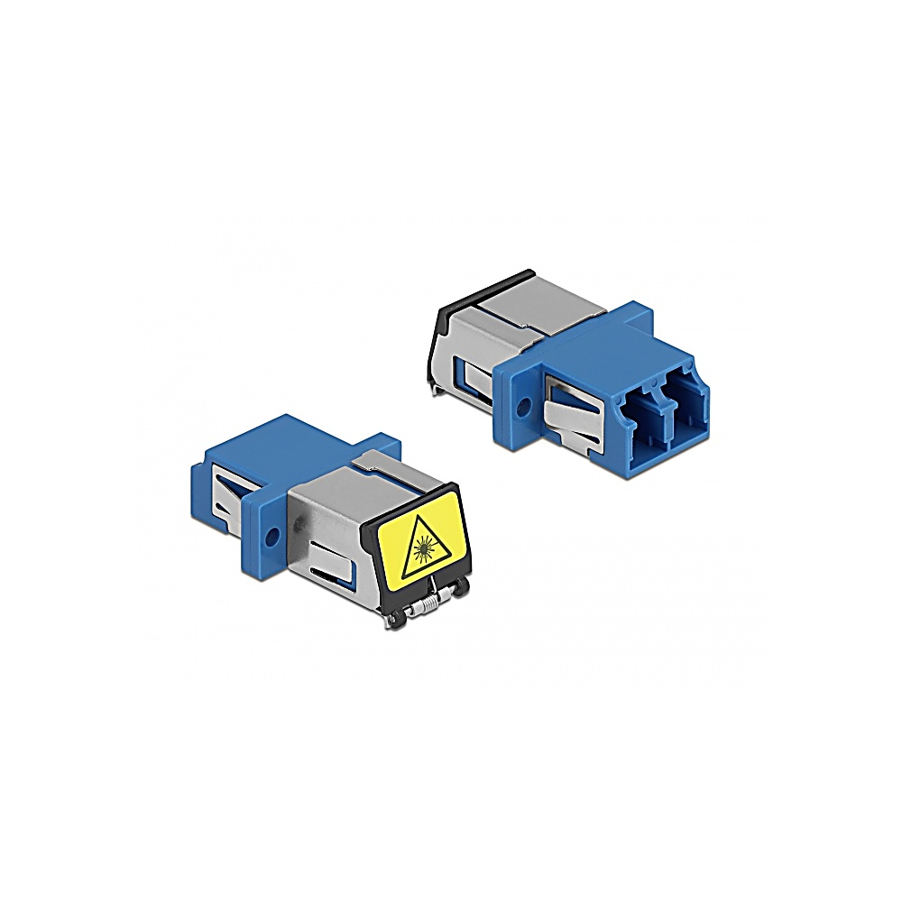 Due connettori in fibra ottica blu e argento su sfondo bianco. Uno ha un simbolo di avvertimento laser.
