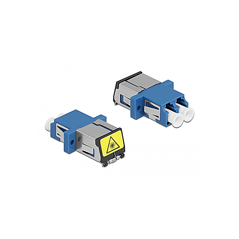 Due connettori in fibra ottica blu e grigi. Uno ha un'etichetta di avvertimento.