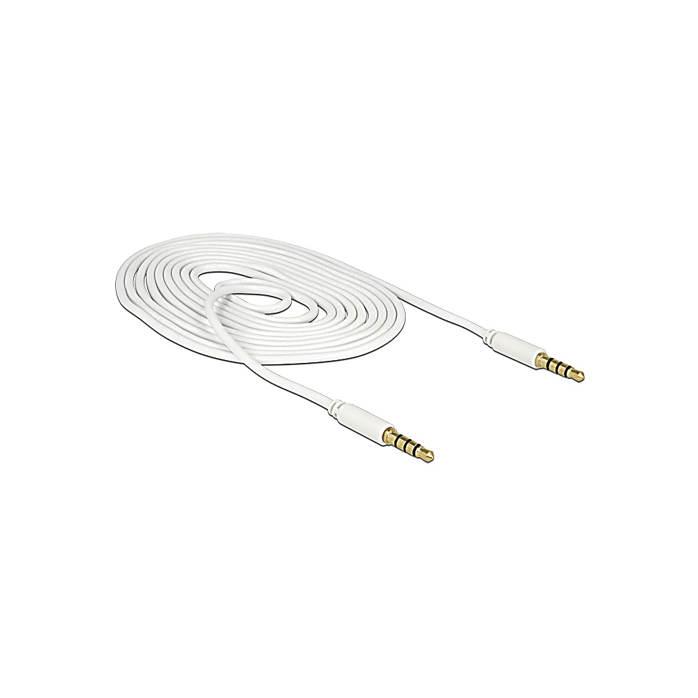 Biały kabel audio zwinięty na białej powierzchni, ze złotymi złączami na obu końcach.