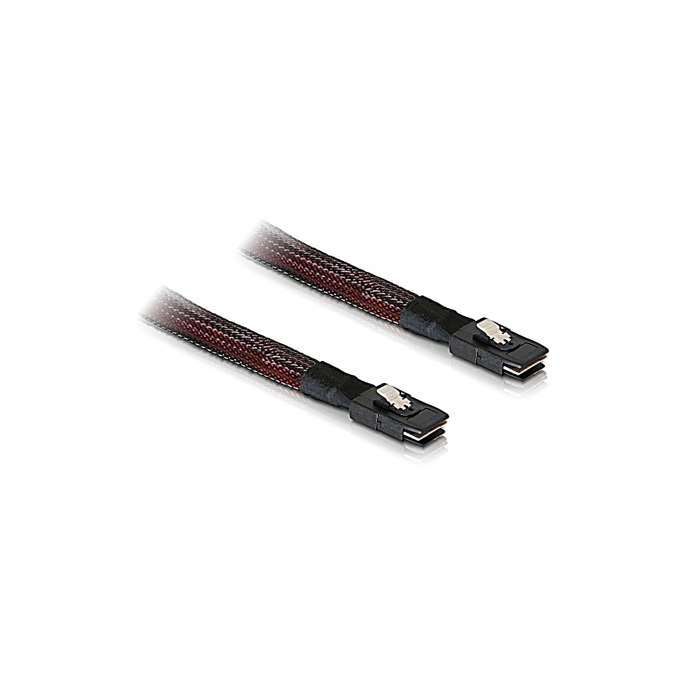 Dwa kable SATA z czarnymi złączami. Kable mają czerwono-czarny wzór. Białe tło.