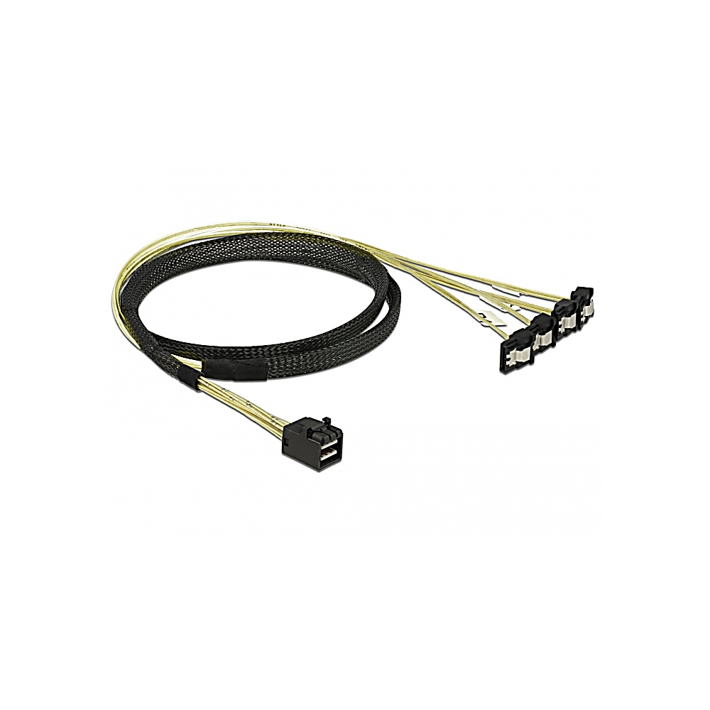 Un cavo SATA nero e oro con più connettori su sfondo bianco. Il cavo si curva e si divide in più connettori.
