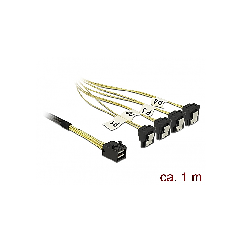 Cavi SATA con connettori neri ed etichette P1, P2, P3 e P4. I cavi sono dorati. Testo 'ca. 1 m' visibile.