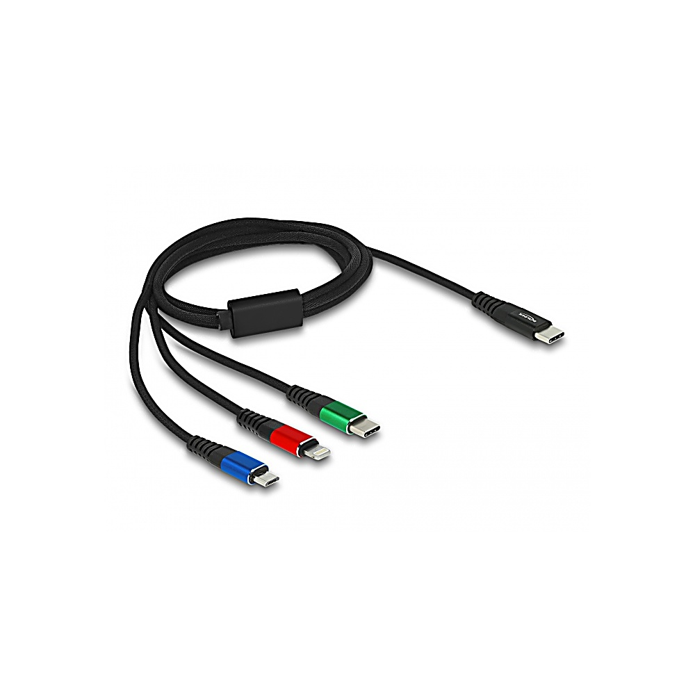 Un cable negro con múltiples conectores: USB-C y Lightning azules, rojos y verdes. Un conector USB-C en el otro extremo.