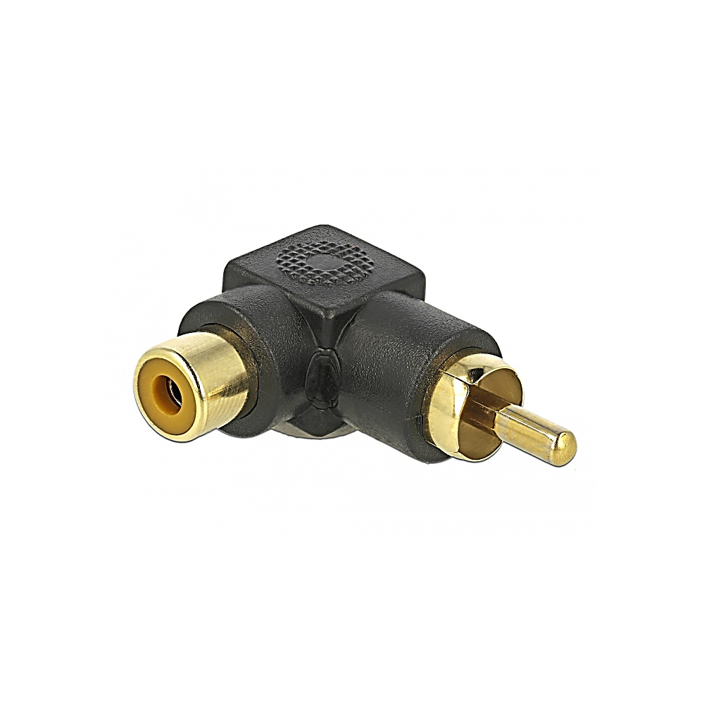 Un adattatore RCA ad angolo, plastica nera con connettori metallici color oro. L'adattatore è su sfondo bianco.