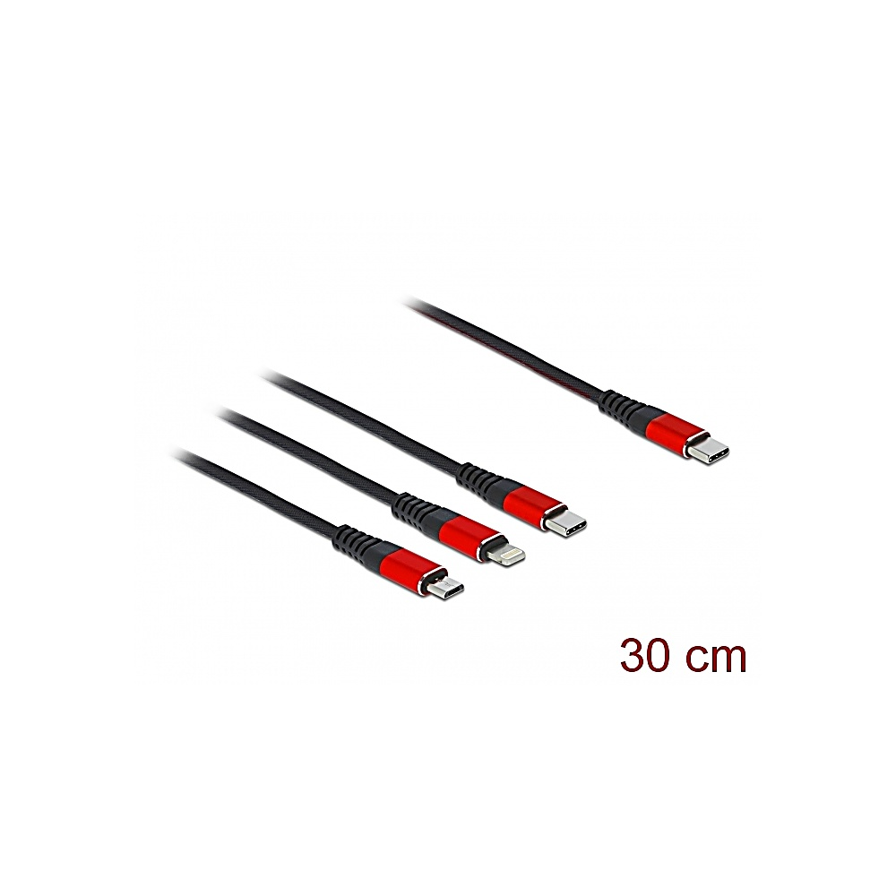 Cuatro cables negros con conectores rojos y puntas diferentes, en ángulo sobre fondo blanco. Texto '30 cm' debajo.