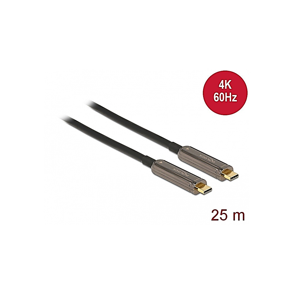 Due cavi neri con connettori argentati, etichettati '4K 60Hz' e '25 m'. I connettori sono USB-C.