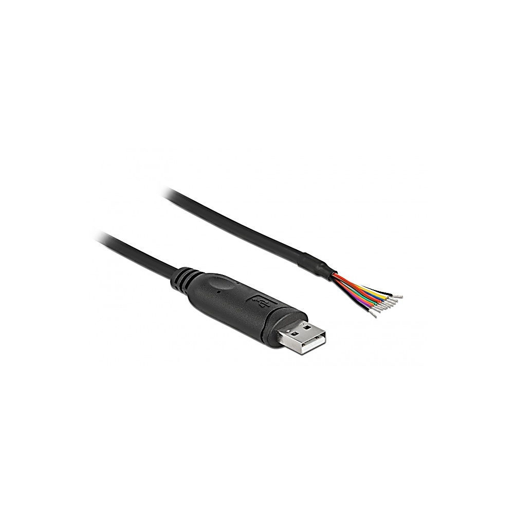 Un cavo USB nero con connettore USB-A e fili multicolore esposti. Lo sfondo è bianco.