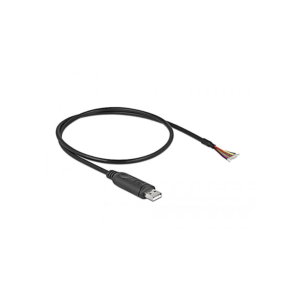 Un cavo USB nero su una superficie bianca. Ha un connettore USB a un'estremità e fili scoperti all'altra.