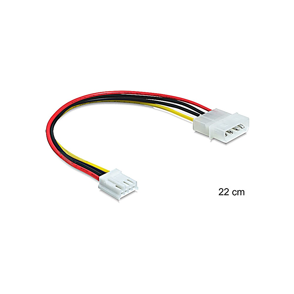 Biały kabel zasilający z czerwonymi, czarnymi i żółtymi przewodami. Ma dwa białe złącza. Wyświetlana jest miara 22 cm.