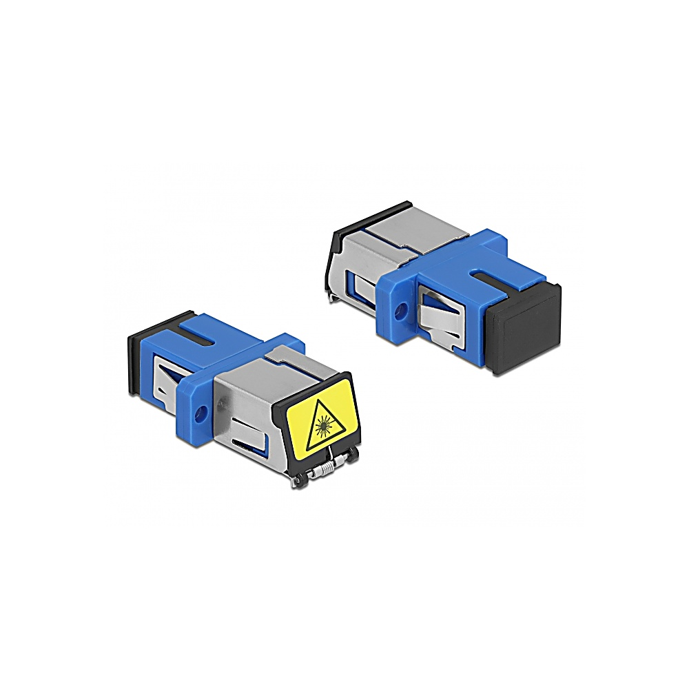 Dos conectores de fibra óptica con cuerpos azules y plateados, extremos negros y una etiqueta de advertencia amarilla con un símbolo de láser sobre fondo blanco.