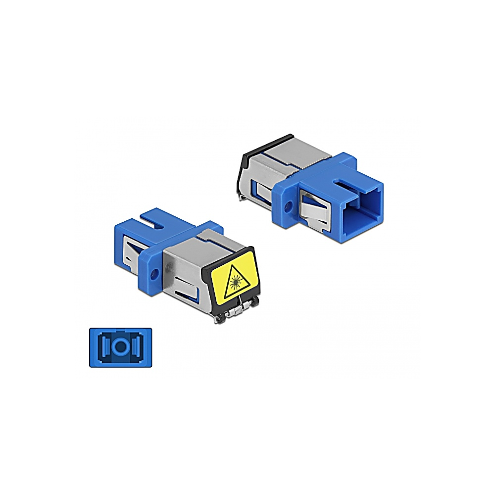 Tres conectores de fibra óptica azules y grises con un símbolo de advertencia láser amarillo. Un conector se muestra desde el frente.