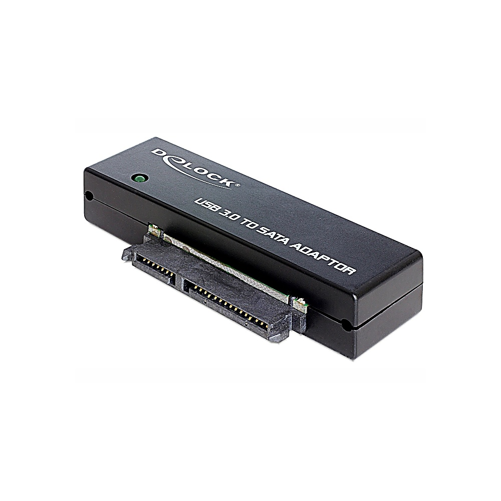 Czarny adapter USB 3.0 na SATA. Posiada złącze na jednym końcu i jest oznaczony marką 'DeLock'.