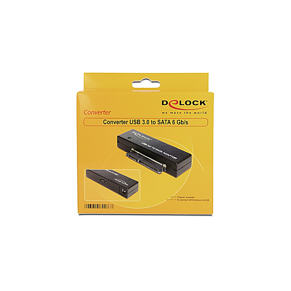 Żółte pudełko przedstawia czarny adapter USB 3.0 do SATA. Pudełko zawiera logo marki i szczegóły produktu.