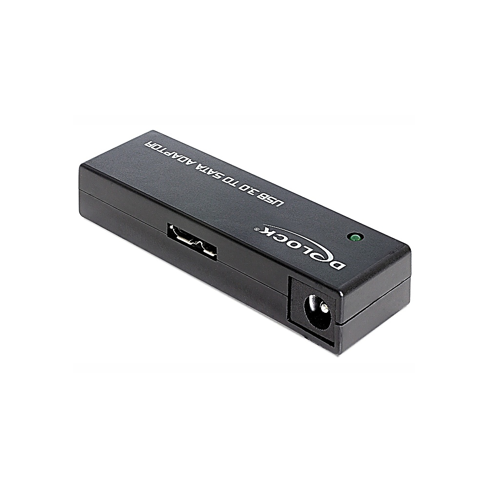 Czarny adapter USB 3.0 do SATA na białym tle. Posiada port USB, port zasilania i zieloną diodę LED.