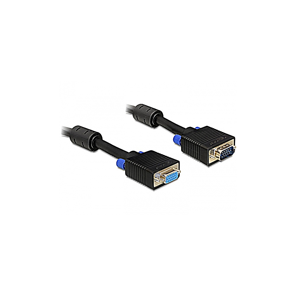 Dwa czarne kable VGA z niebieskimi śrubami. Złącza mają niebieskie i srebrne piny. Tło jest białe.