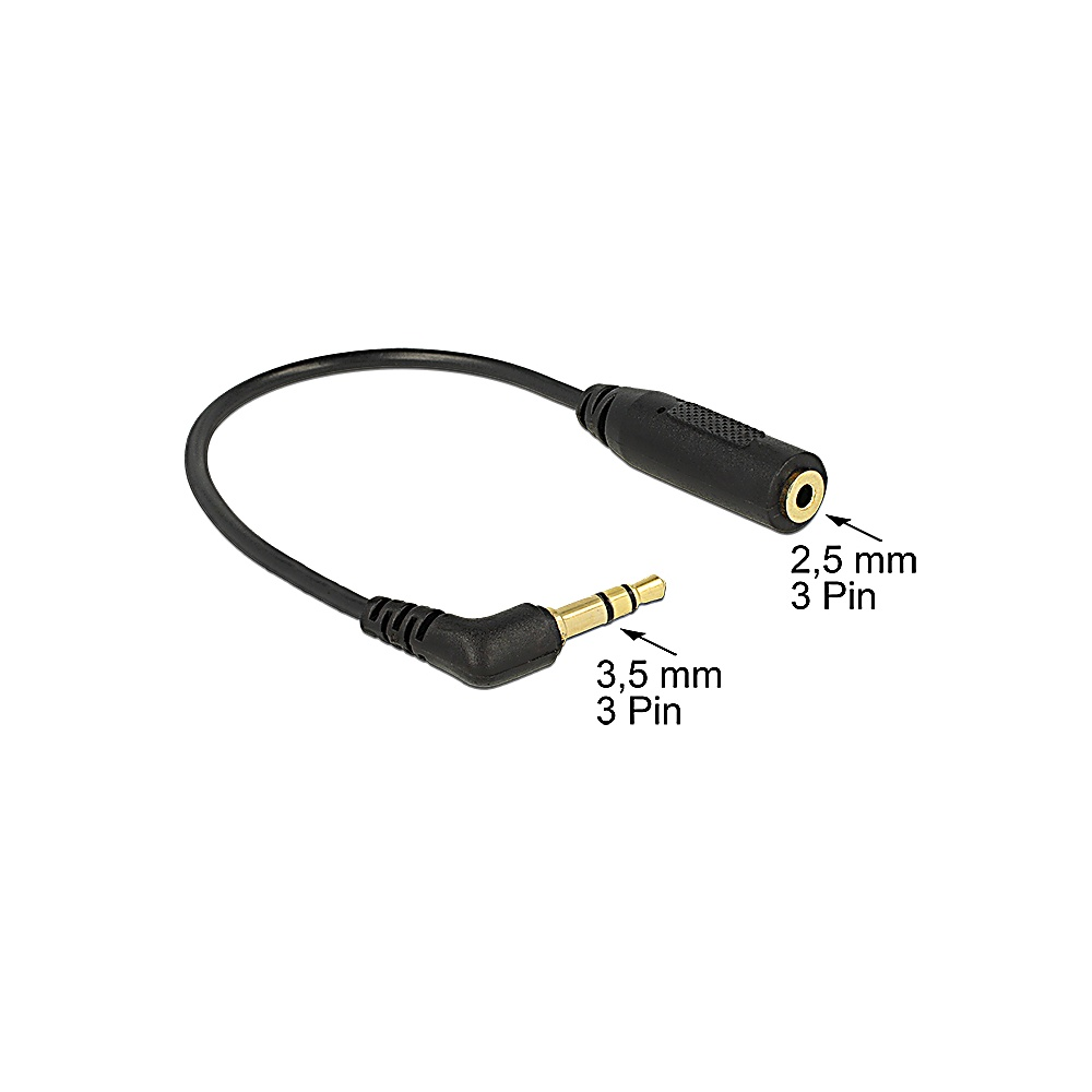 Un cavo adattatore audio nero con jack da 3,5 mm angolato e presa da 2,5 mm. Le etichette di testo specificano il pin e le dimensioni.