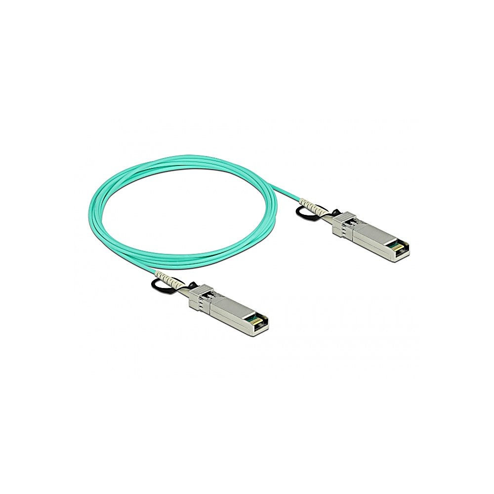 Un cavo di rete turchese con due connettori argentati su sfondo bianco. Il cavo è ad anello e i connettori sono a ciascuna estremità.