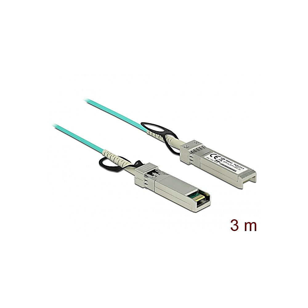 Due ricetrasmettitori SFP+ con cavi verde acqua, anelli neri e connettori metallici argentati. Il testo '3 m' è visibile. Sfondo bianco.