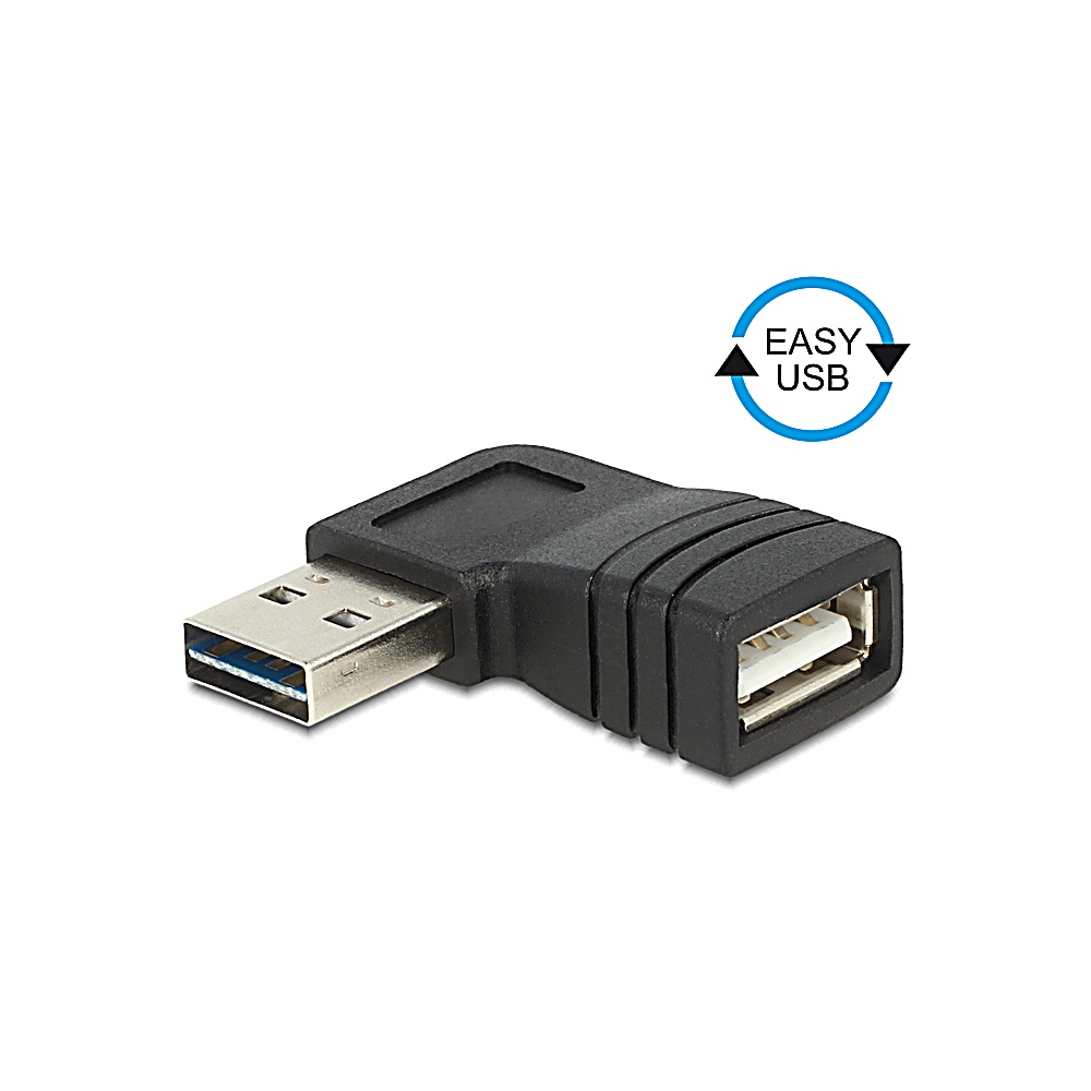 Un adattatore USB nero con due porte, una maschio, una femmina, e un logo 'EASY USB' su sfondo bianco.