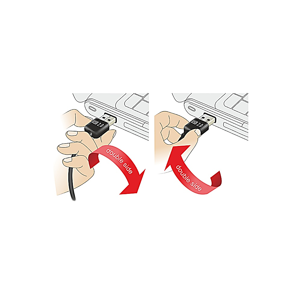 Mani che inseriscono un cavo USB 2.0 in una porta del laptop. Frecce rosse indicano l'orientamento 'doppio lato'.