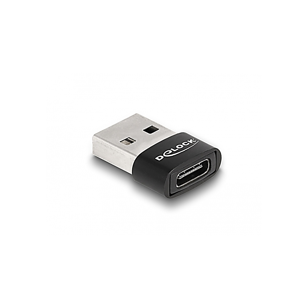 Czarny i srebrny adapter USB-C. Adapter ma wtyczkę USB i port USB-C. Widoczna jest nazwa marki 'D-LOCK'.