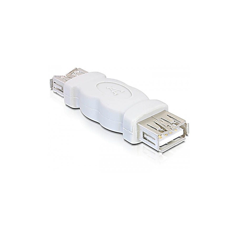 Un adattatore USB bianco su sfondo bianco. L'adattatore ha due estremità con diversi connettori e un centro arrotondato.