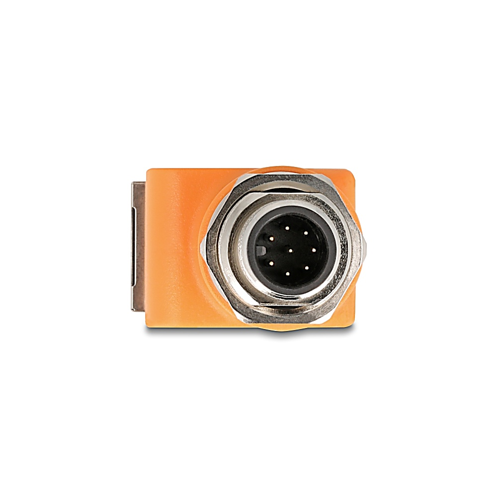 Un connettore arancione con un anello filettato argentato e un centro nero contenente diversi piccoli pin, su sfondo bianco.