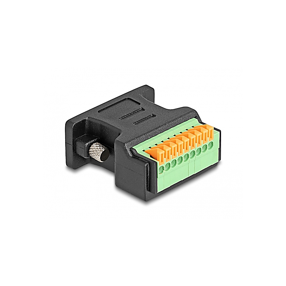 Un conector electrónico negro con terminales naranjas y verdes, y un conector plateado sobre fondo blanco.