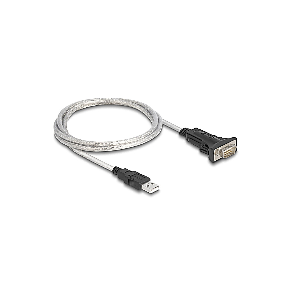 Un cavo da USB a seriale argentato è su una superficie bianca. Ha un connettore USB, un cavo arrotolato e un connettore seriale nero.