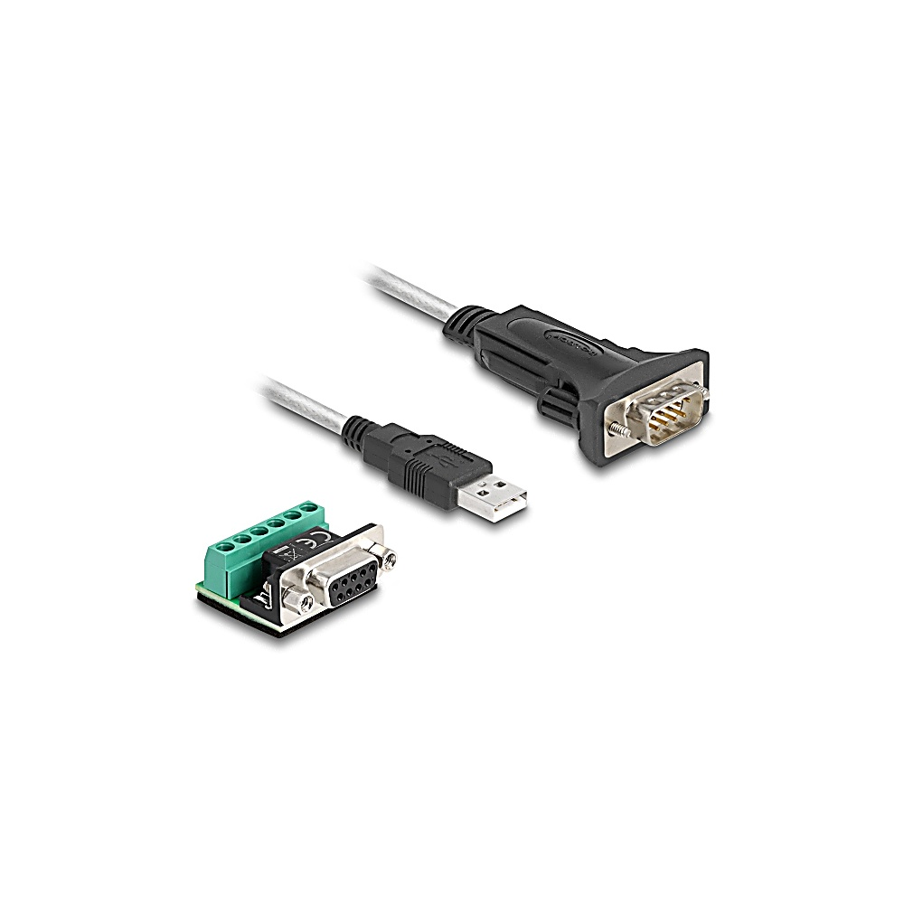 Tre connettori: USB, DB9 e adattatore da DB9 a morsettiera. I cavi sono neri e grigi, i connettori sono neri, argentati e verdi.