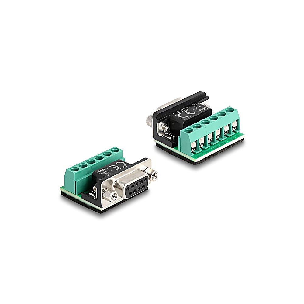 Due connettori elettronici. Ognuno ha un connettore D-sub argentato, terminali verdi e una base nera. Sfondo bianco.