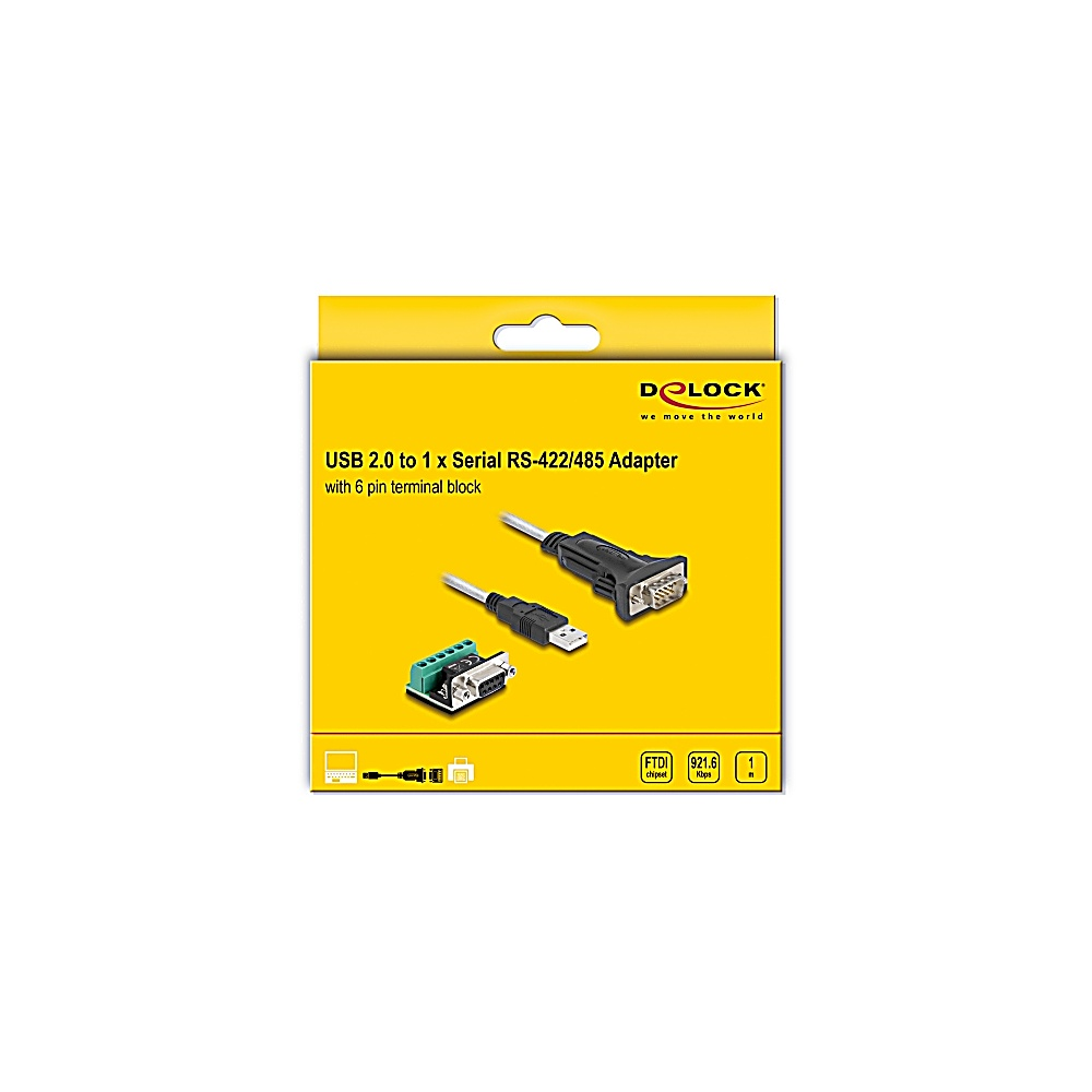 Una scatola gialla con il nome del prodotto Adattatore USB 2.0 a 1 x seriale RS-422/485. Tre adattatori sono mostrati sul fronte.