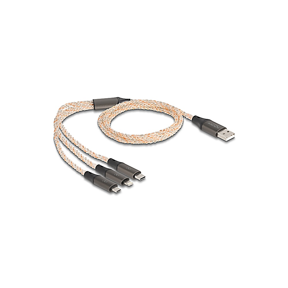 Un cavo di ricarica intrecciato con tre diversi tipi di connettore e un connettore USB. Il cavo è bianco e arancione.