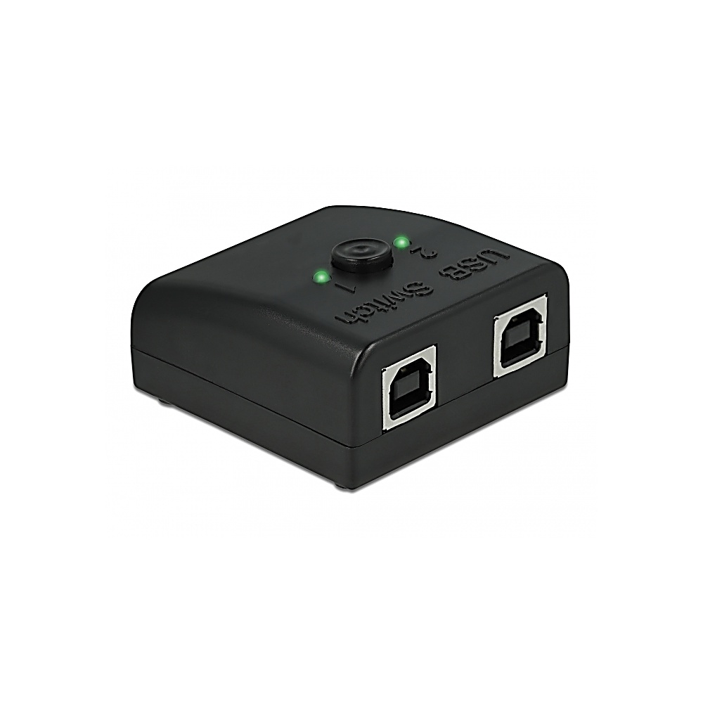 Un conmutador USB negro con dos puertos USB y un botón selector. Dos luces verdes indican el puerto activo.