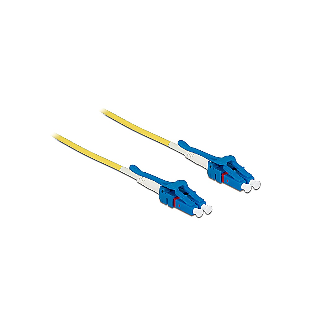 Due cavi in fibra ottica gialli con connettori blu su superficie bianca. I connettori hanno dettagli rossi e bianchi.