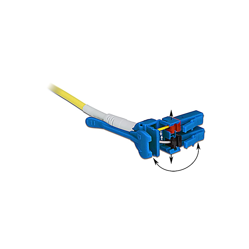 Un connettore in fibra ottica blu e bianco. Ha un cavo giallo e frecce nere che indicano come collegarlo.