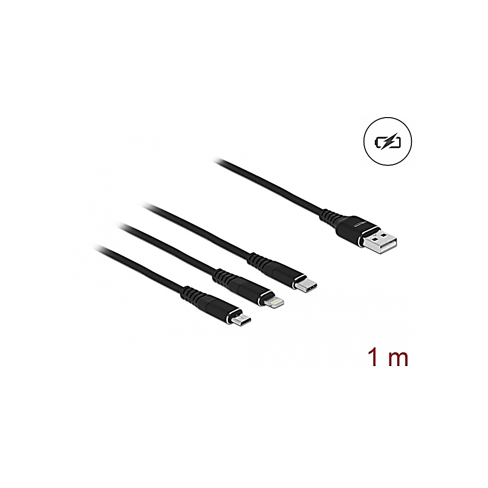 Cables de carga negros con diferentes conectores. USB, tipo-C y Lightning. Un icono de batería y '1 m' también son visibles.