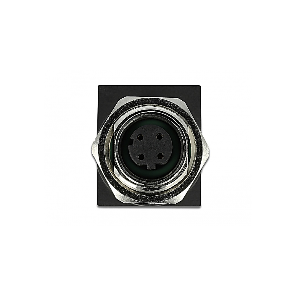 Un primo piano di un connettore circolare nero e argento con quattro fori per perni. È su sfondo bianco.