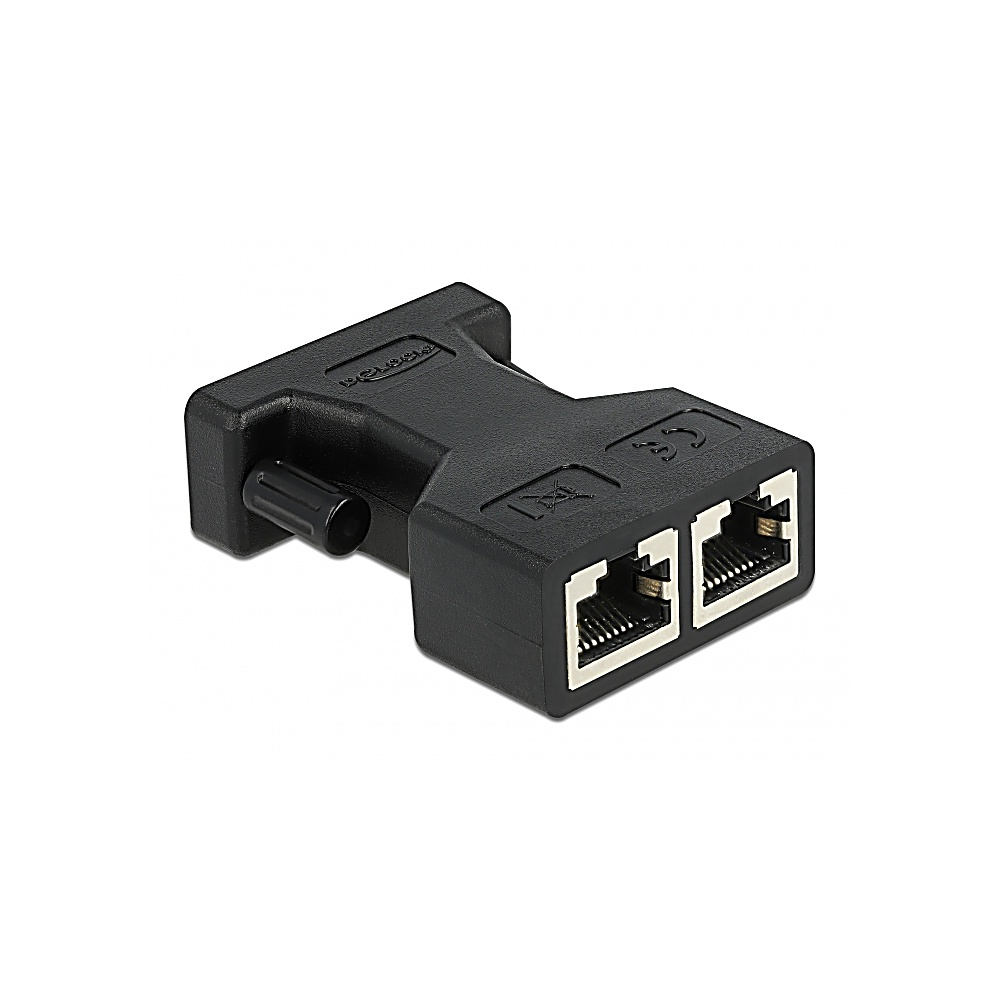 Un adattatore di rete nero con due porte RJ45. È su sfondo bianco. L'adattatore ha il nome del marchio in alto.