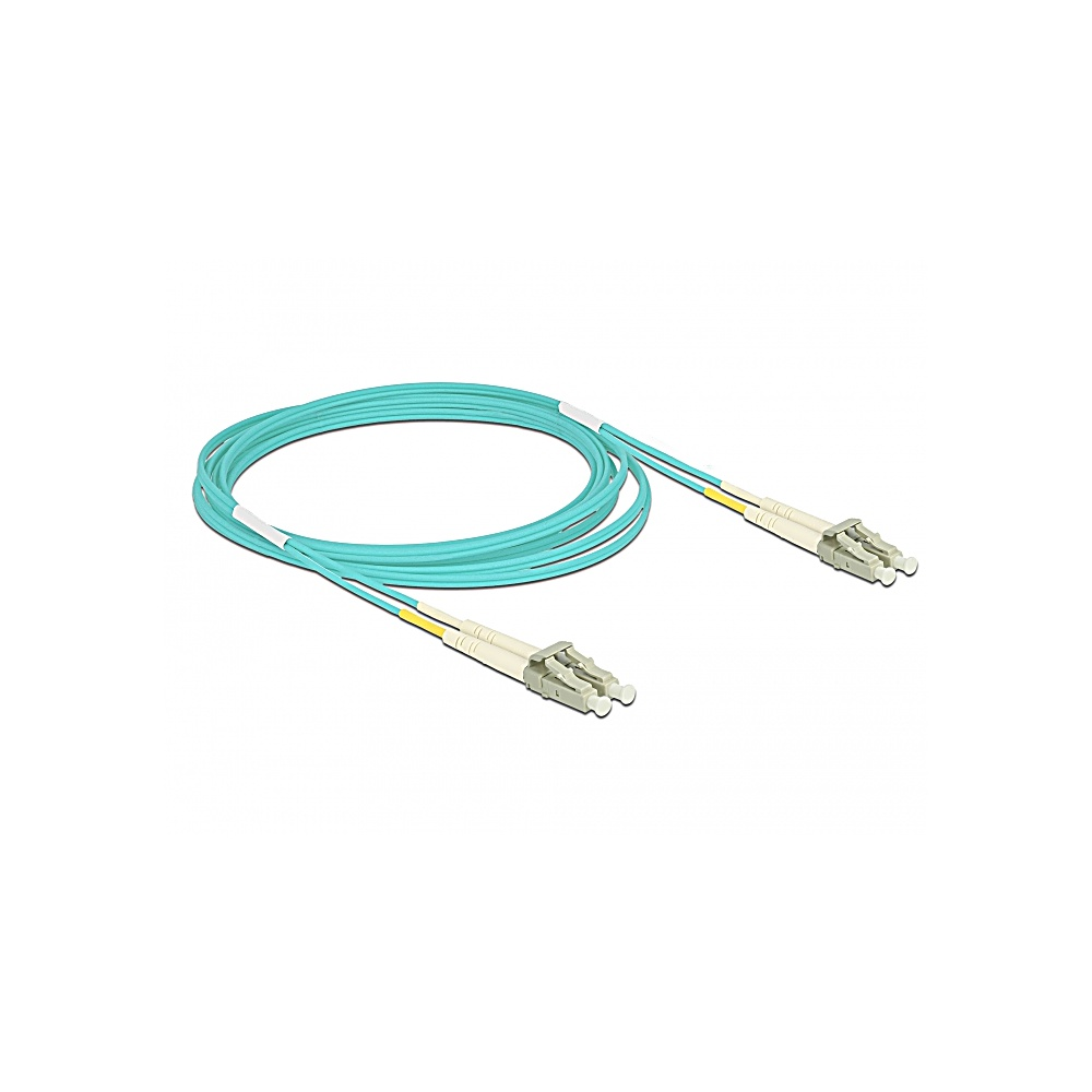 Un cavo in fibra ottica turchese con due connettori. Il cavo è arrotolato. I connettori hanno parti bianche e gialle.
