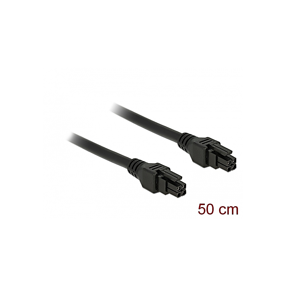 Due cavi di alimentazione neri con connettori, etichettati 50 cm. Cavi su sfondo bianco.