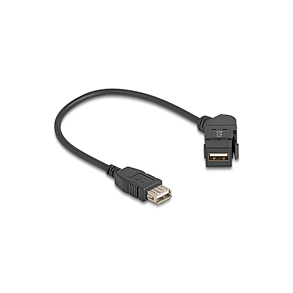 Ein schwarzes USB-Kabel mit Buchse und USB-Anschlussadapter. Das Kabel ist gekrümmt, auf weißem Hintergrund.