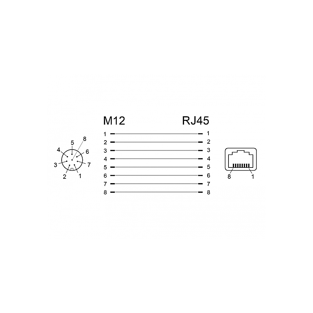 Diagramma dei connettori M12 e RJ45. M12 ha disposizione pin circolare. RJ45 mostra connettore a 8 pin. Linee collegano i pin.